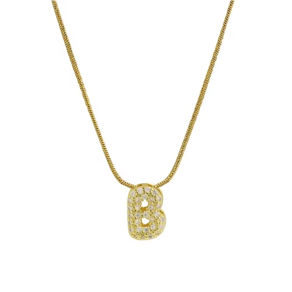 18k‎ Gold Plated Bubble Initial B Pendant Necklace Pave Cubic Zirconia